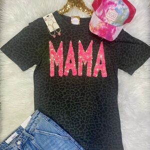 BRAND NEW WITH TAGS Black Leopard "MAMA" Sequin Tee